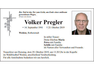 Traueranzeige Volker Pregler, Weiden