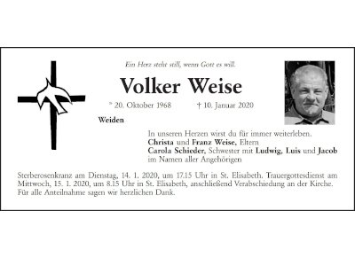 Traueranzeige Volker Weise, Weiden