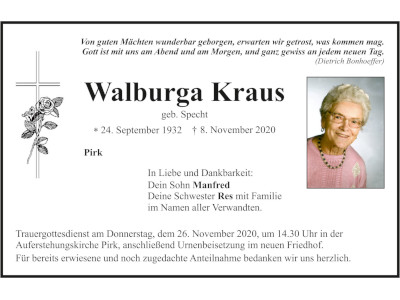 Traueranzeige Walburga Kraus, Pirk