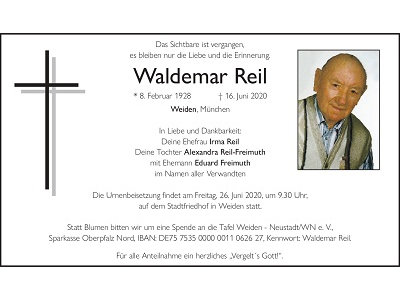 Traueranzeige Waldemar Reil, Weiden