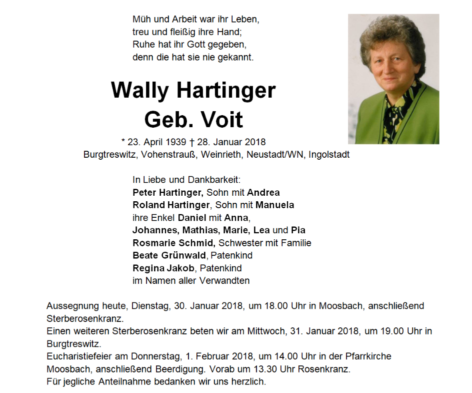 Traueranzeige Wally Hartinger, Burgtreswitz