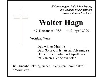 Traueranzeige Walter Hagn, Weiden