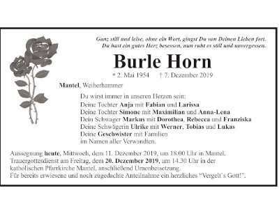 Traueranzeige Walter „Burle“ Horn, Mantel