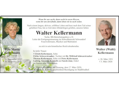 Traueranzeige Walter Kellermann, Weiden