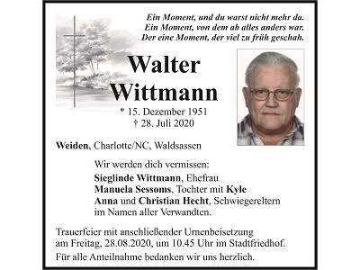 Traueranzeige Walter Wittmann, Weiden