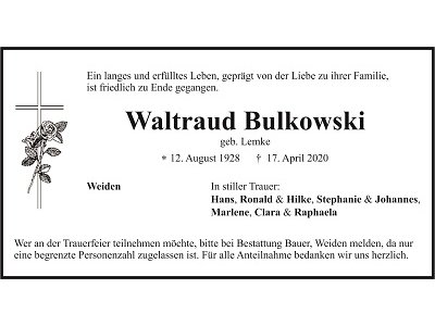 Traueranzeige Waltraud Bulkowski, Weiden