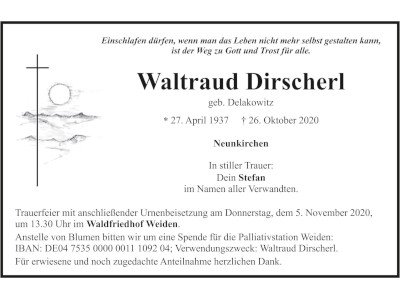 Traueranzeige Waltraud Dirscherl, Neunkirchen