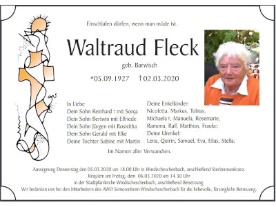 Traueranzeige Waltraud Fleck, Windischeschenbach
