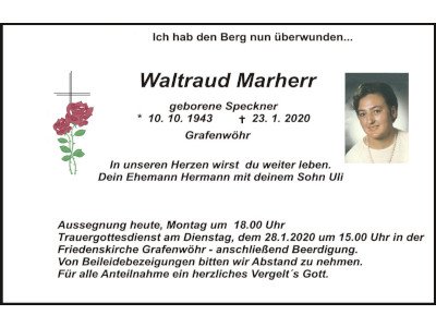 Traueranzeige Waltraud Marherr, Grafenwöhr