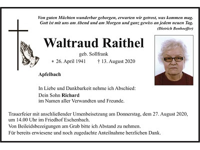 Traueranzeige Waltraud Raithel, Apfelbach