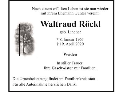 Traueranzeige Waltraud Röckl, Weiden