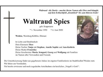 Traueranzeige Waltraud Spies, Weiden