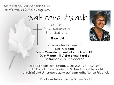 Traueranzeige Waltraud Zwack, Etzenricht