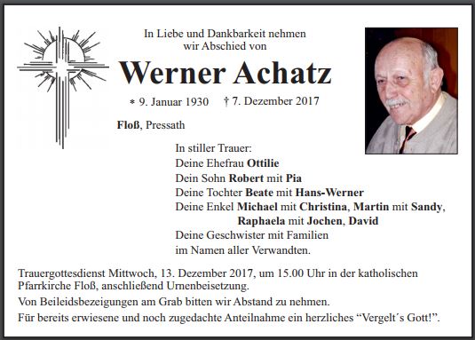 Traueranzeige Werner Achatz, Floß