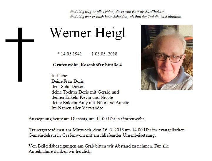 Traueranzeige Werner Heigl, Grafenwöhr