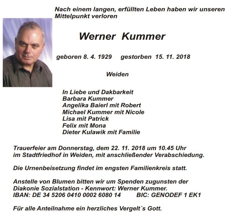 Traueranzeige Werner Kummer, Weiden