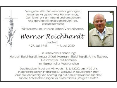 Traueranzeige Werner Reichhardt, Neunkirchen