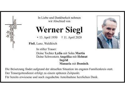 Traueranzeige Werner Siegl, Floß