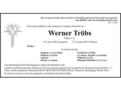 Traueranzeige Werner Tröbs, Weiden