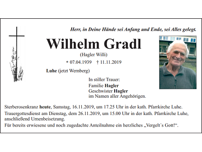 Traueranzeige Wilhelm Gradl, Luhe (Wernberg)