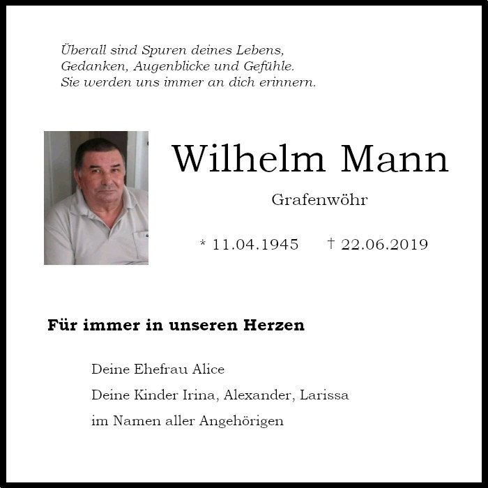 Traueranzeige Wilhelm Mann, Grafenwöhr