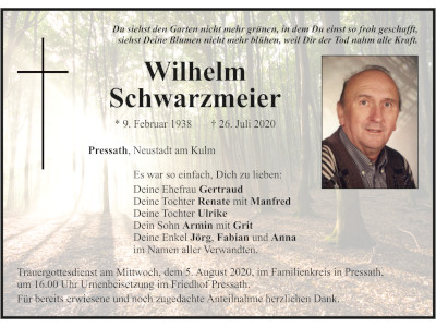 Traueranzeige Wilhelm Schwarzmeier, Pressath