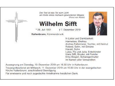 Traueranzeige Wilhelm Sifft, Kaltenbrunn