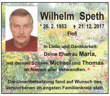 Traueranzeige Wilhelm Speth, Floß