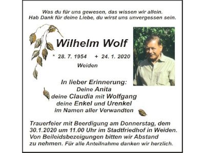 Traueranzeige Wilhelm Wolf, Weiden