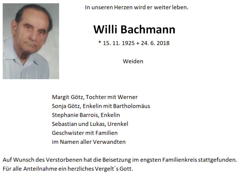 Traueranzeige Willi Bachmann, Weiden