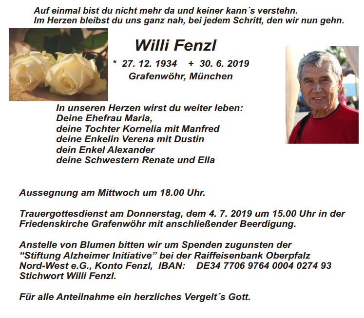 Traueranzeige Willi Fenzl, Grafenwöhr