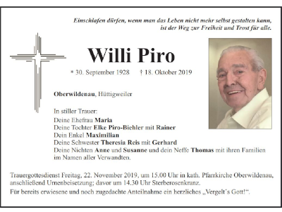 Traueranzeige Willi Piro, Oberwildenau
