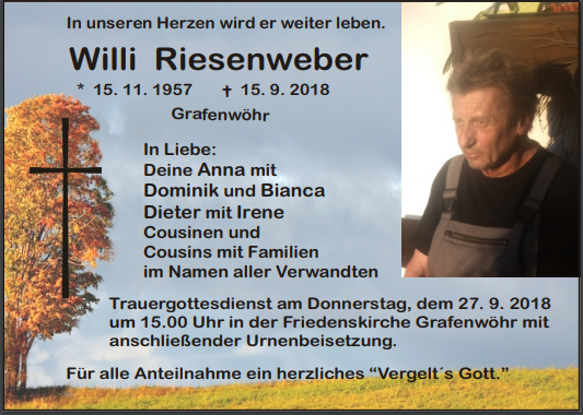 Traueranzeige Willi Riesenweber, Grafenwöhr