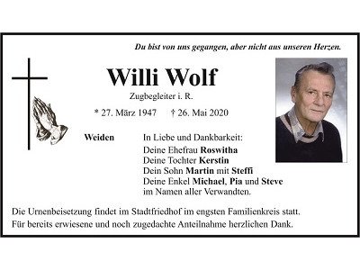 Traueranzeige Willi Wolf, Weiden