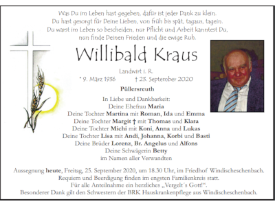 Traueranzeige Willibald Kraus, Püllersreuth