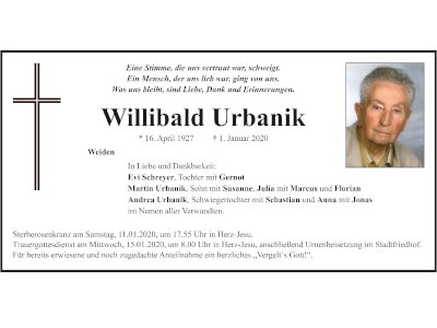 Traueranzeige Willibald Urbanik, Weiden