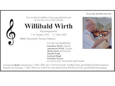 Traueranzeige Willibald Wirth, Floß