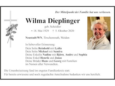 Traueranzeige Wilma Dieplinger, Neustadt/WN