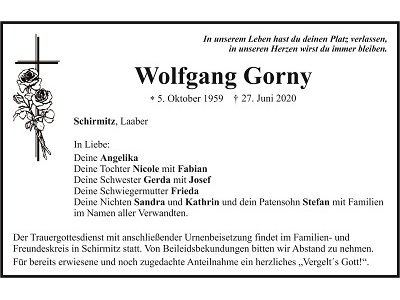 Traueranzeige Wolfgang Gorny, Schirmitz