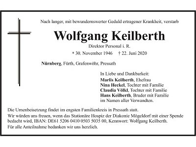 Traueranzeige Wolfgang Keilberth, Nürnberg