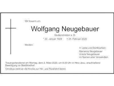 Traueranzeige Wolfgang Neugebauer, Weiden