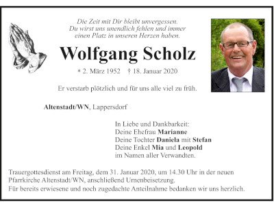 Traueranzeige Wolfgang Scholz, Altenstadt/WN