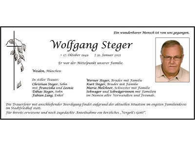 Traueranzeige Wolfgang Steger, Weiden