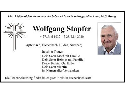 Traueranzeige Wolfgang Stopfer, Apfelbach