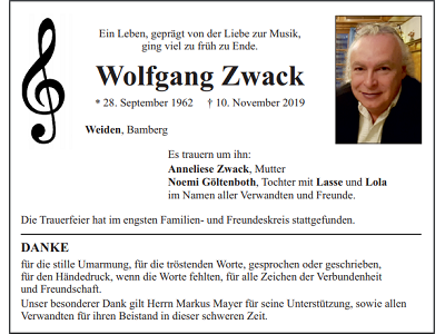 Traueranzeige Wolfgang Zwack, Weiden