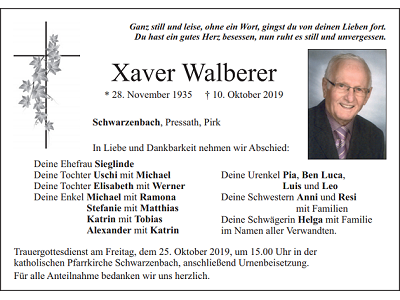 Traueranzeige Xaver Walberer, Schwarzenbach