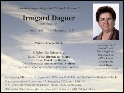 Traueranzeige Irmgard Dagner, Windischeschenbach