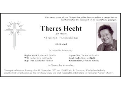 Traueranzeige Theres Hecht, Gleißenthal