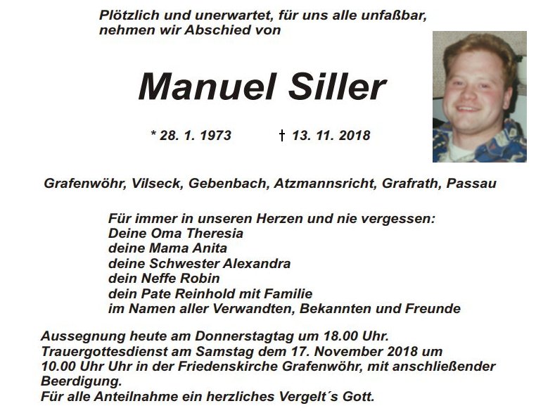 Traueranzeige Manuel Siller, Grafenwöhr