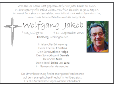 Traueranzeige Wolfgang Jakob, Kohlberg